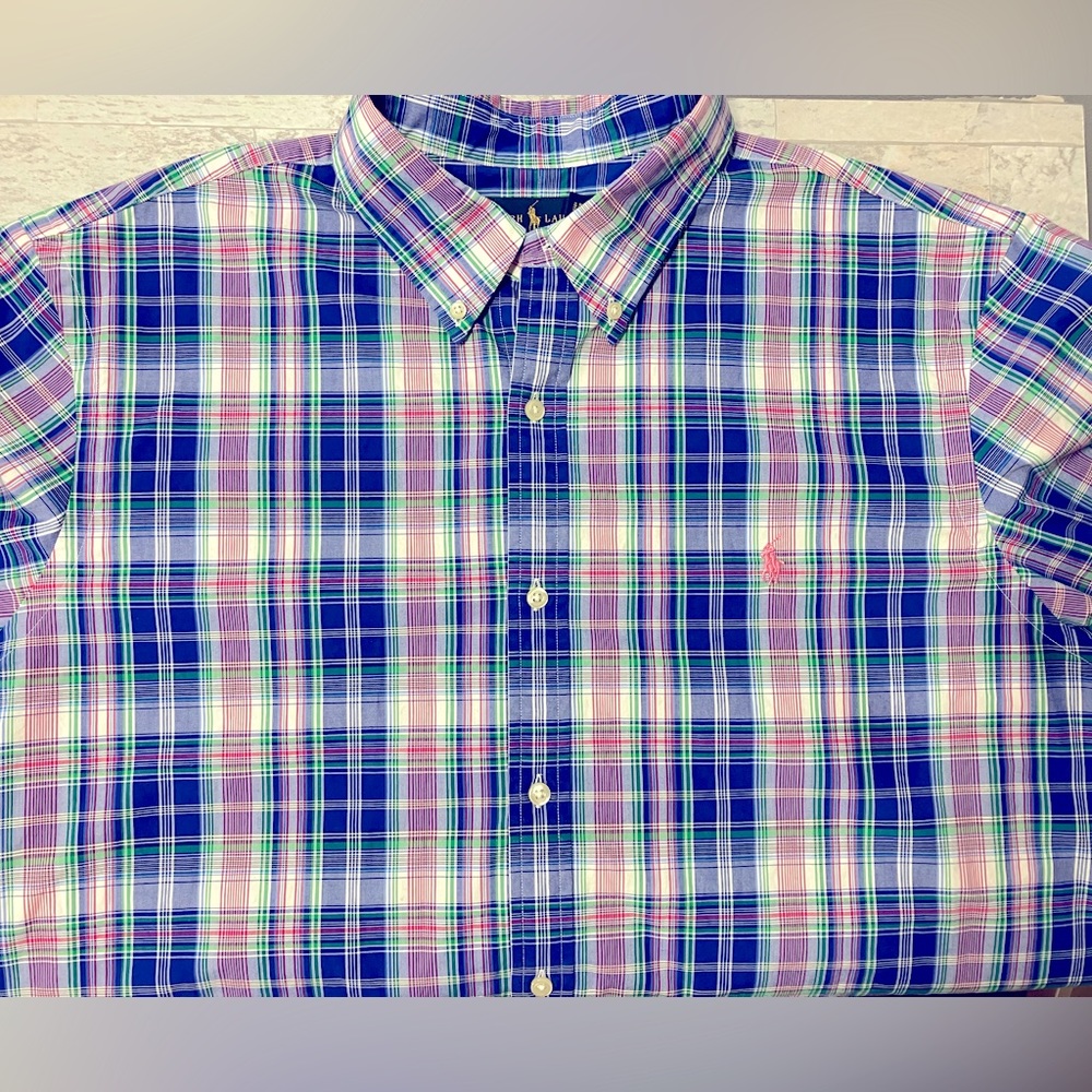 Ralph Lauren Button Down Shirt Mens Size XXL Slim Fit Blue Plaid Long Sleeve